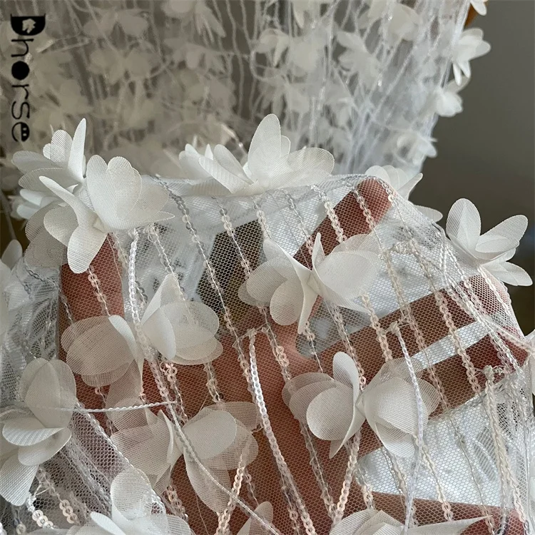 New shiny sequin tassel fringe embroidery fancy white 3d floral lace fabric for wedding gown