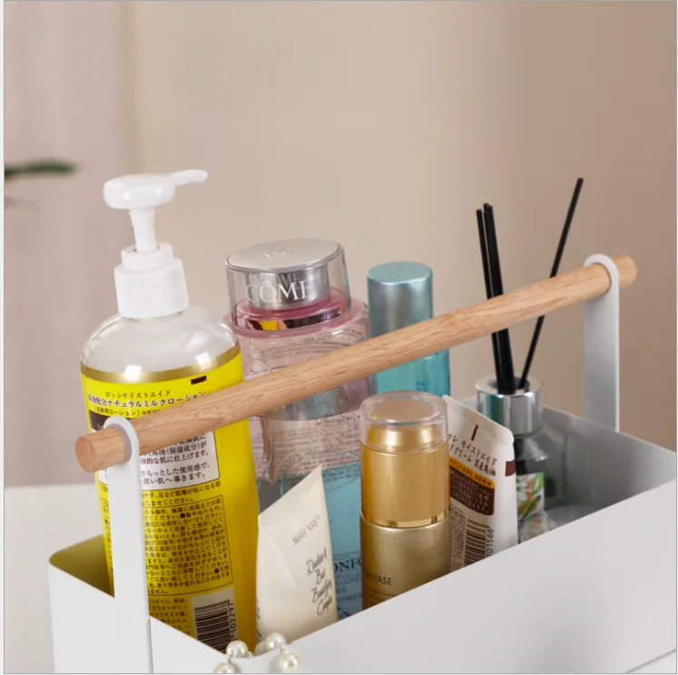 Japanese style desktop wrought iron cosmetic storage box wood pole portable large storage box