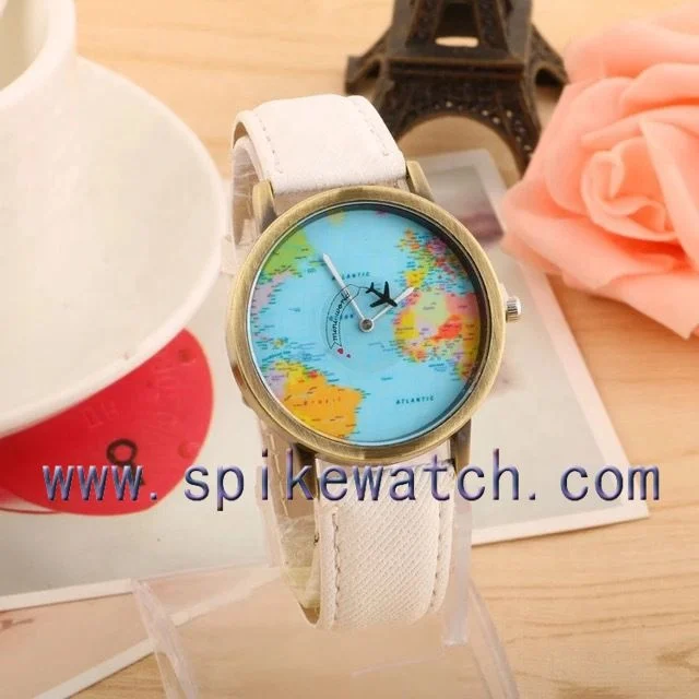 Special airplane hand leather strap world map watch dial for lady