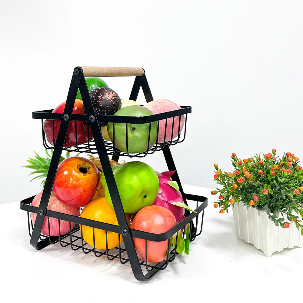 High quality portable large metal 2 tier vegetable and fruit portable bracket basket