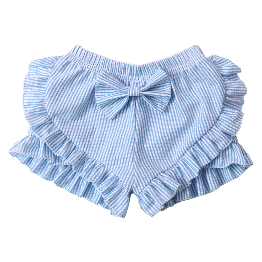 2022 summer boutique cotton cute girls solid seersucker elastic waist kids bow ruffle shorts