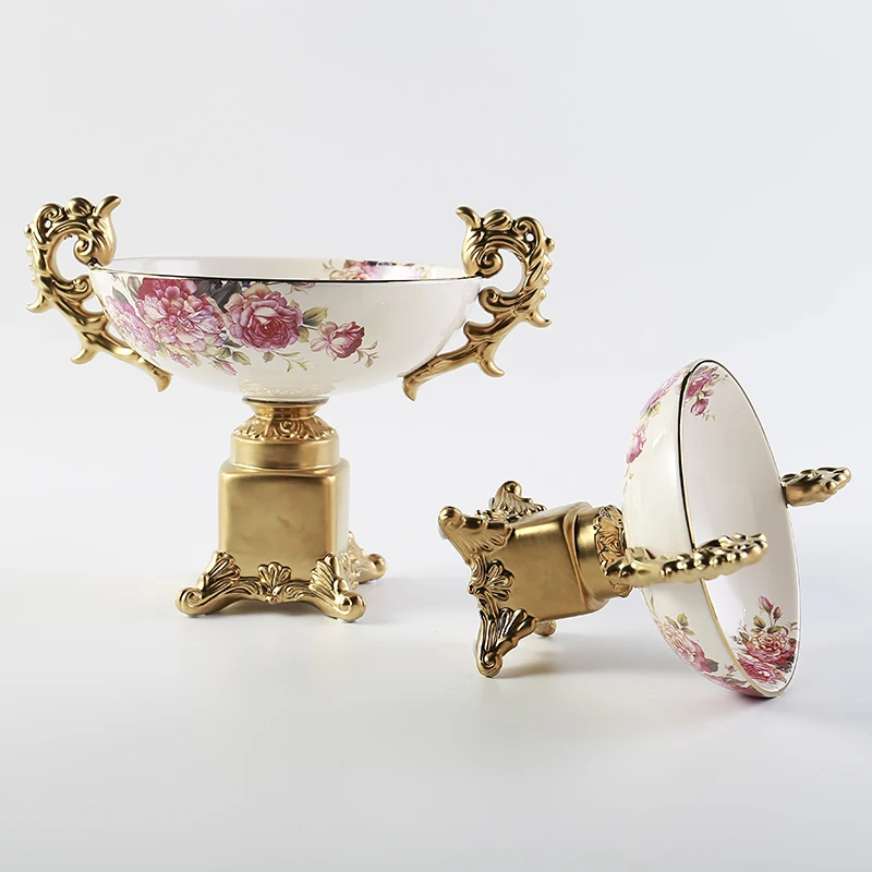 Luxury tableware with flowers and gold rim Bright glazed porcelain salad fruit ceramic bowl