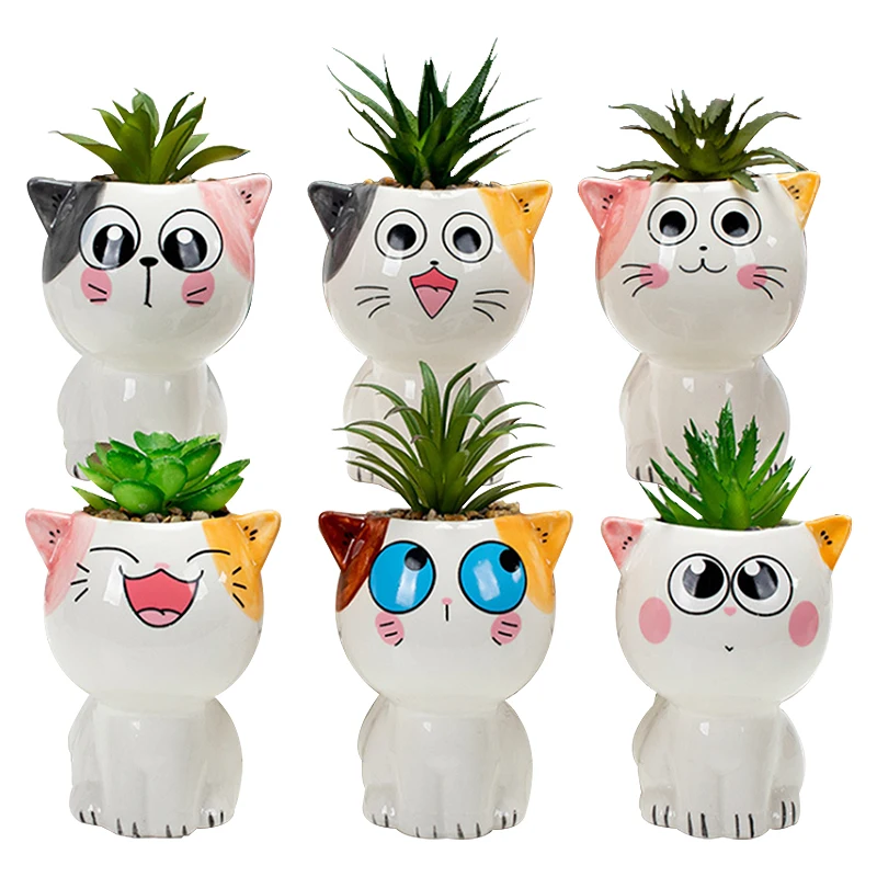 Wholesale Small Premium Mini Bonsai Ceramic Indoor Bisque Cat Craft Design Planter Plant Succulent Flower Pots With Face