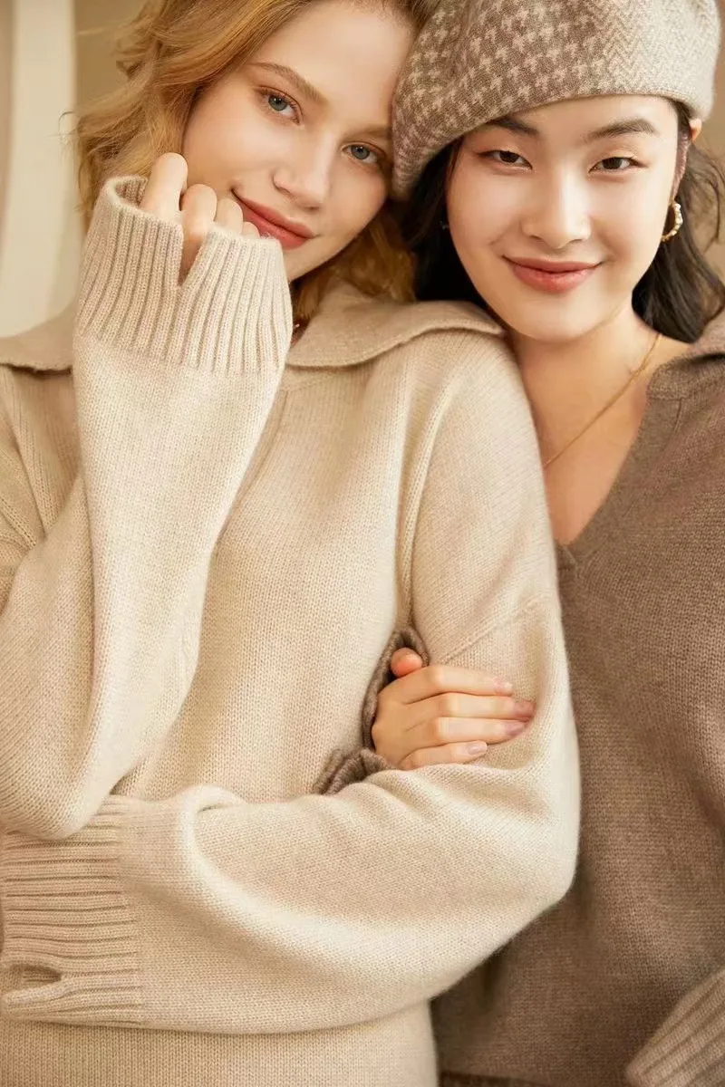 OEM 100% cashmere 5GG knitting soft casual sweater quarter turn-down collar pullover women sweater
