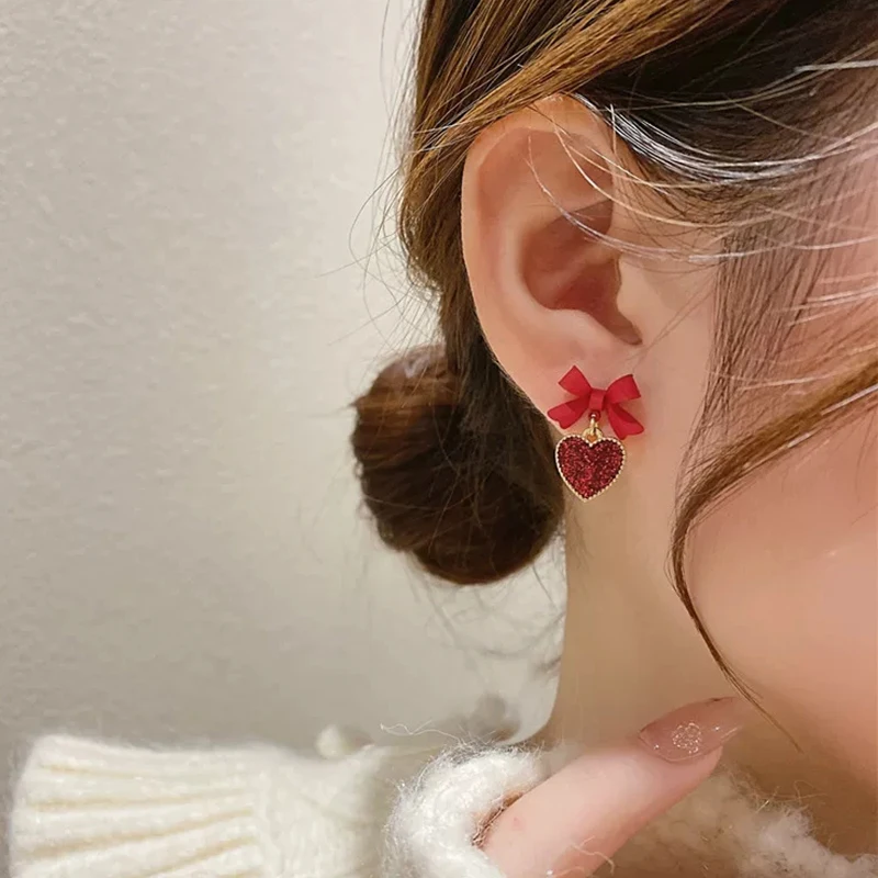 ED64858 Korean cute red heart hypoallergenic bowknot earrings fashion 14K gold plated women jewelry