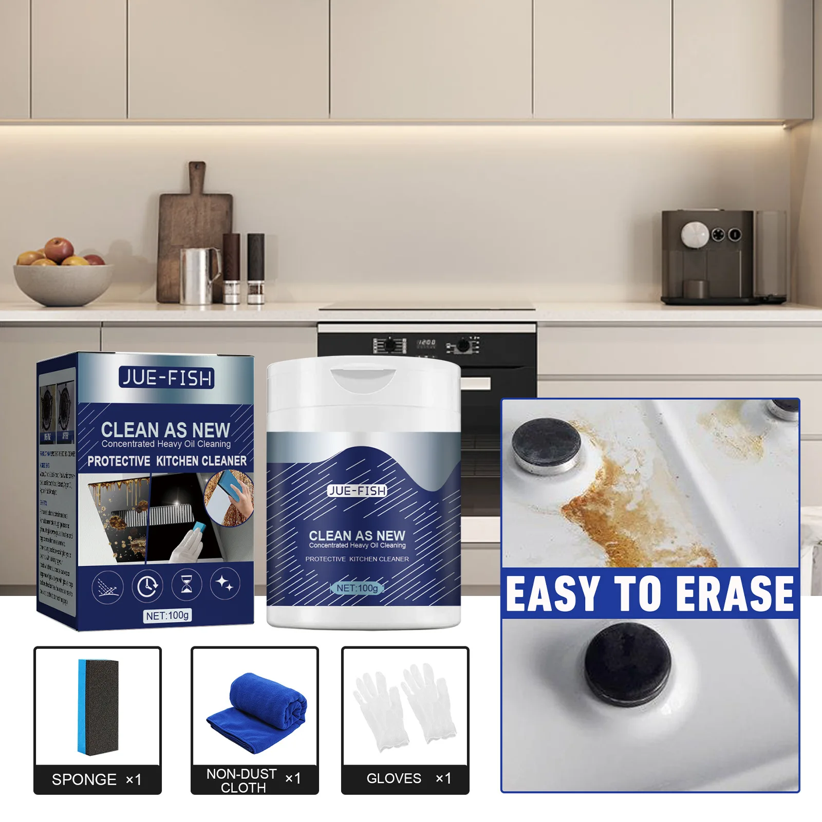 Jue-fish Effective Clean Cooking Oil Sustainable Oil Film Remove Easy to Use Oil Cleaning Powder for Kitchen Stainless Steel