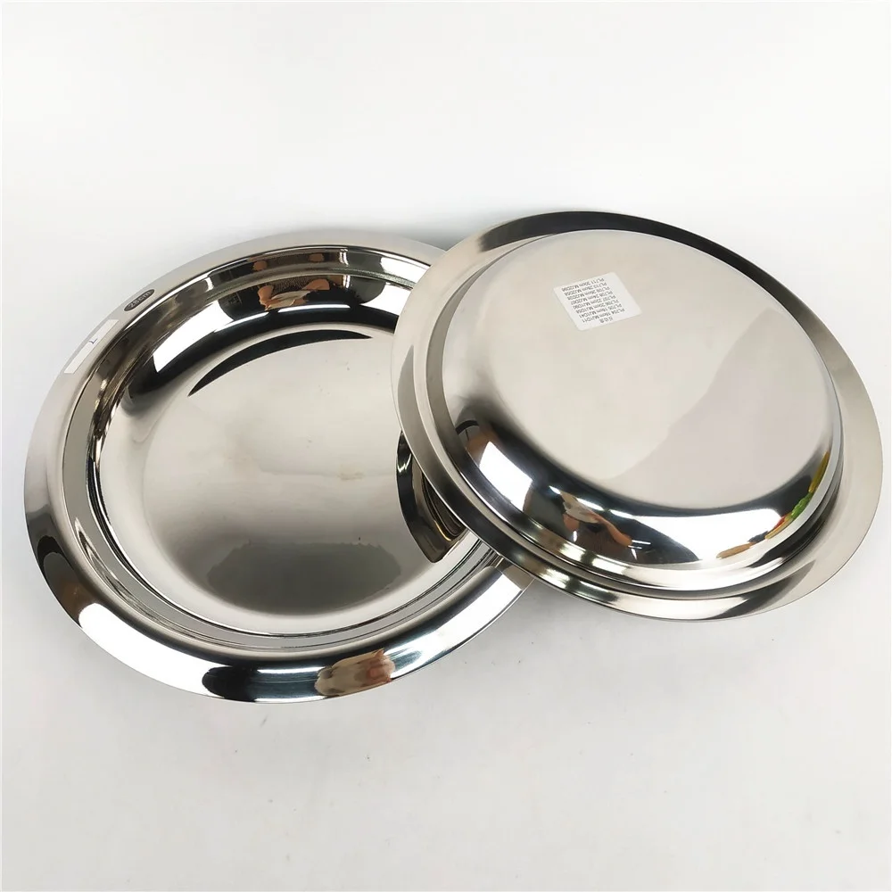 Thicken Deep Metal Round Tray Stainless Steel Serving Soup Plate Dish with Wide Rim