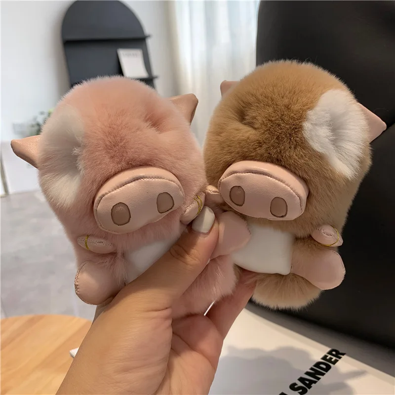 Real Rex Rabbit Fur Pig Car Pendant Plush Toy Cute Pig Bag Pendant Plush Keychain