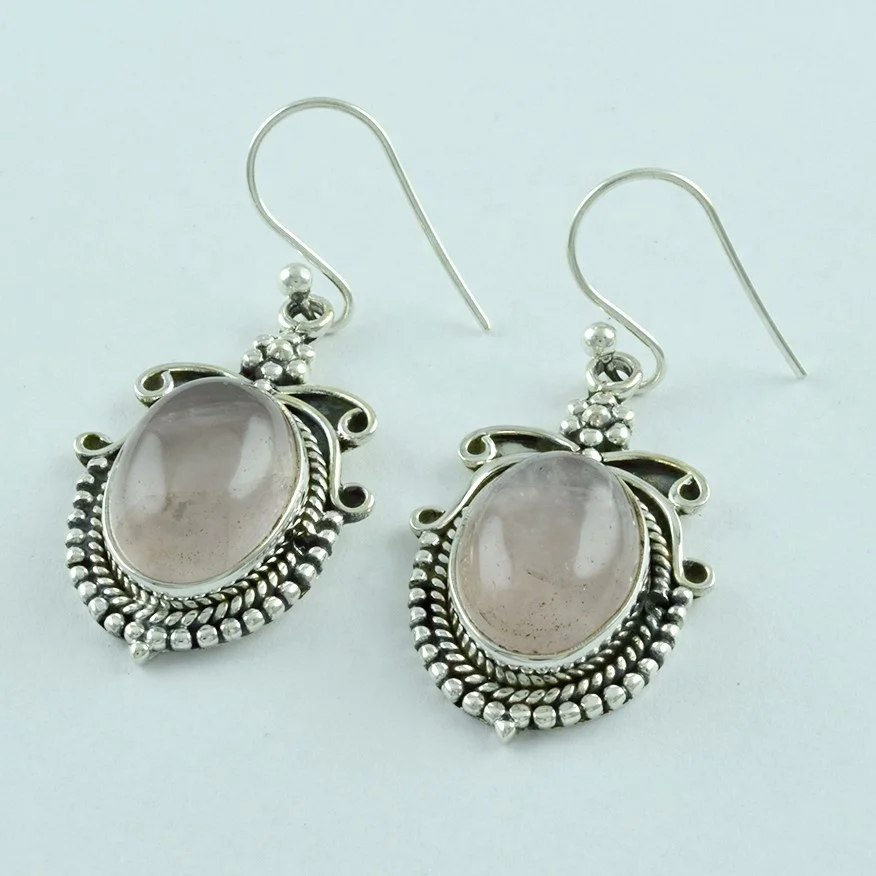
Light Colour rose quartz Stone With Rava Design 925 silver earring 