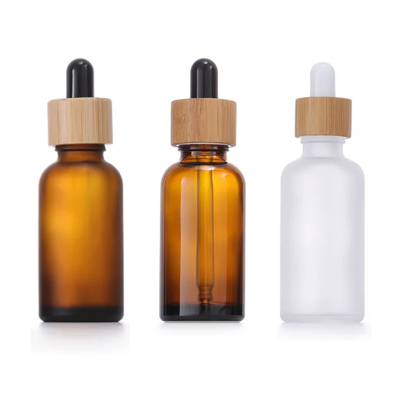10ml 15ml 20ml 30ml 50ml 100ml Frosted Wooden Lid Dropper Bottle Black  Clear Amber Essential Oil Glass Bottle With Bamboo Cap