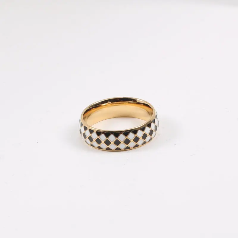 R042 Wholesale 18K Gold Plated White & Black Mosaic Ring Stainless Steel Plaid Rings for Women Dainty Rings