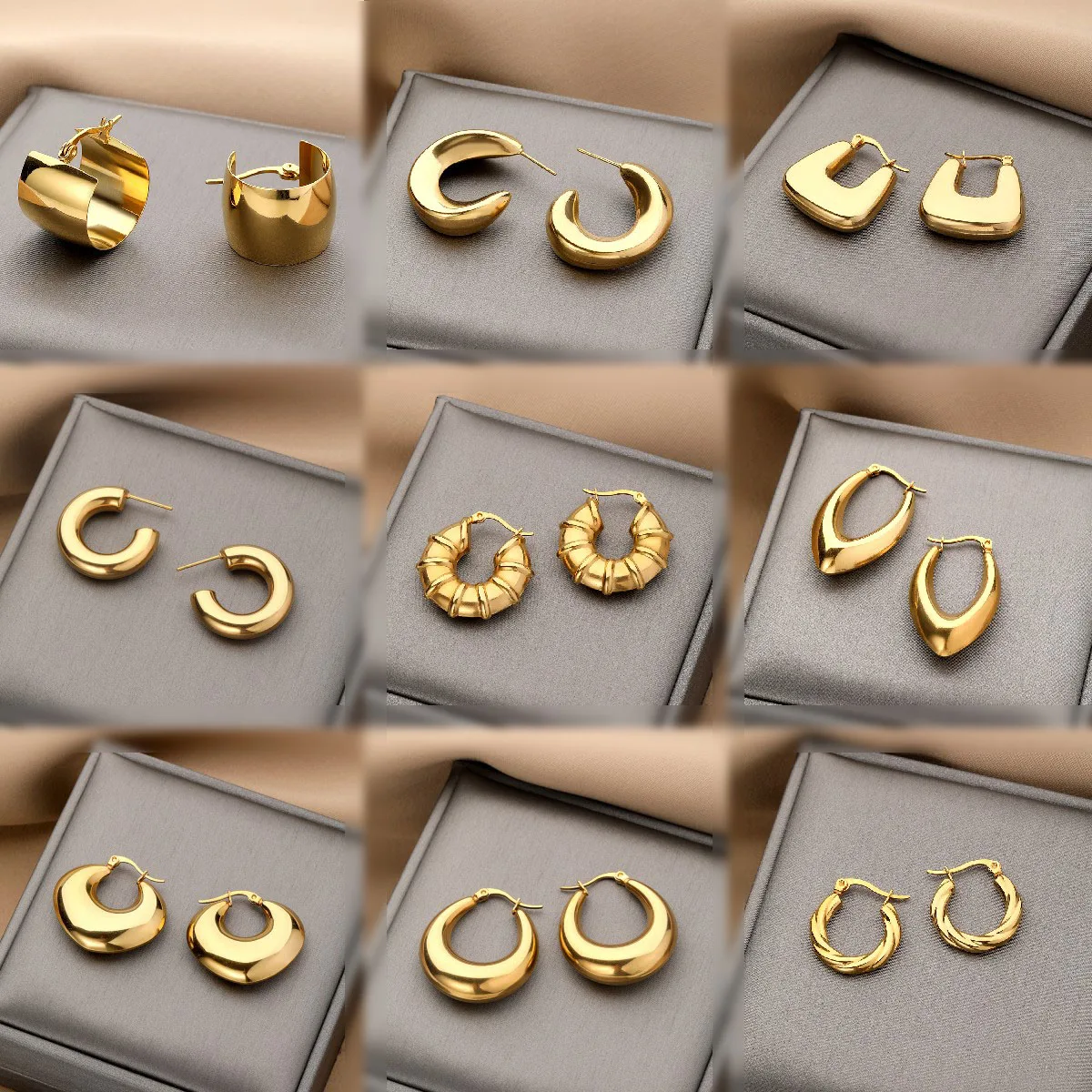 Non Tarnish 18k Pvd Gold Stainless Steel Chunky Screw C Huggies Hoop Earrings Women Hollow Bamboo Earrings For Jewelry Gift