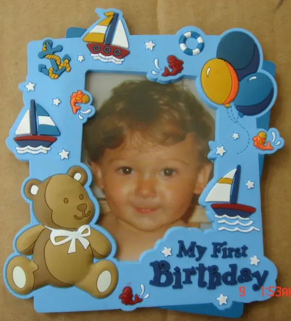 Unique design cute love kids funny 3d soft pvc photo frame / my first birthday newborn baby soft plastic picture frame
