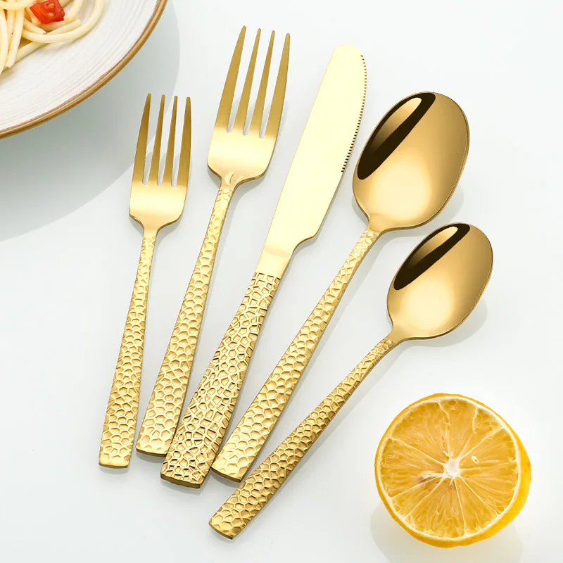 4pcs Dishwasher Safe Table Knife Forks Spoon Hammered Flatware Sets Luxury Silver Stainless Steel Cutlery Set