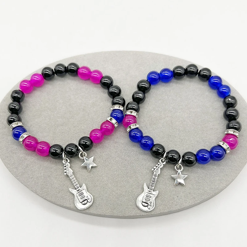 Finetoo Fashion Glass Beaded Love Heart Magnetic Couple Bracelet Elastic Guitar Star Pendant Bracelet for Women Men