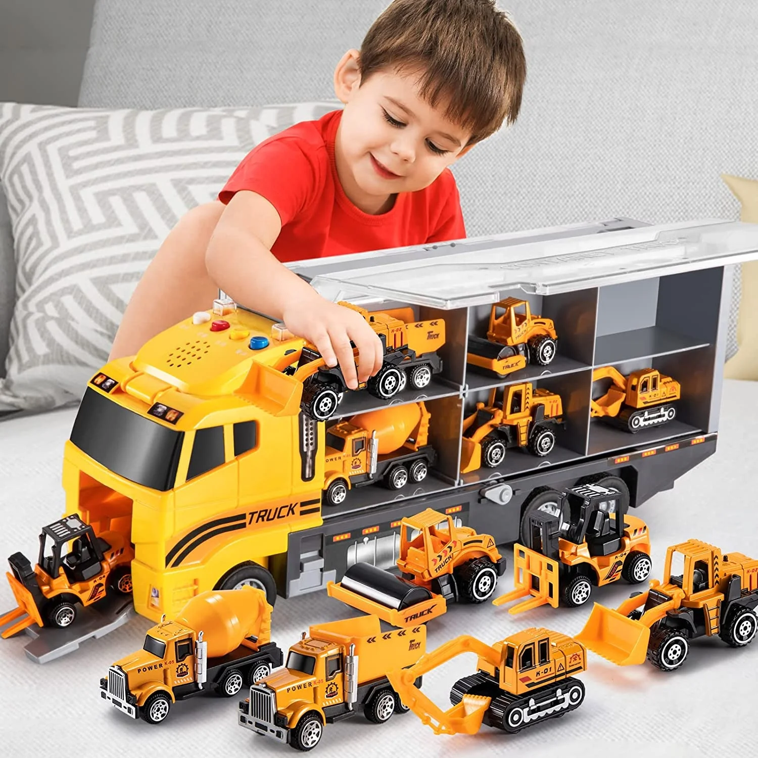 Kids Toys Truck Car Toys Set Friction Construction Car Set with 6 Pull Back Car Carrier Vehicle Toy with Lights and Sounds
