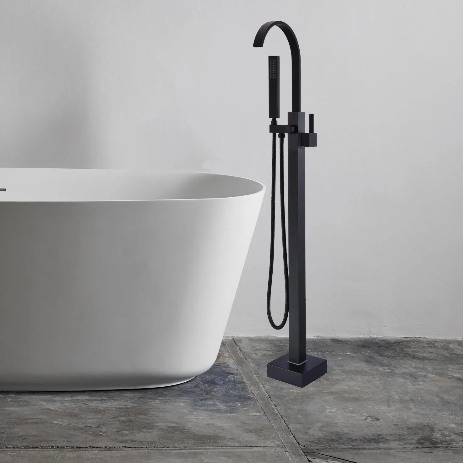 Matte Black Single Handle Floor Standing Bath Faucet Freestanding Bathtub Handheld Shower Set