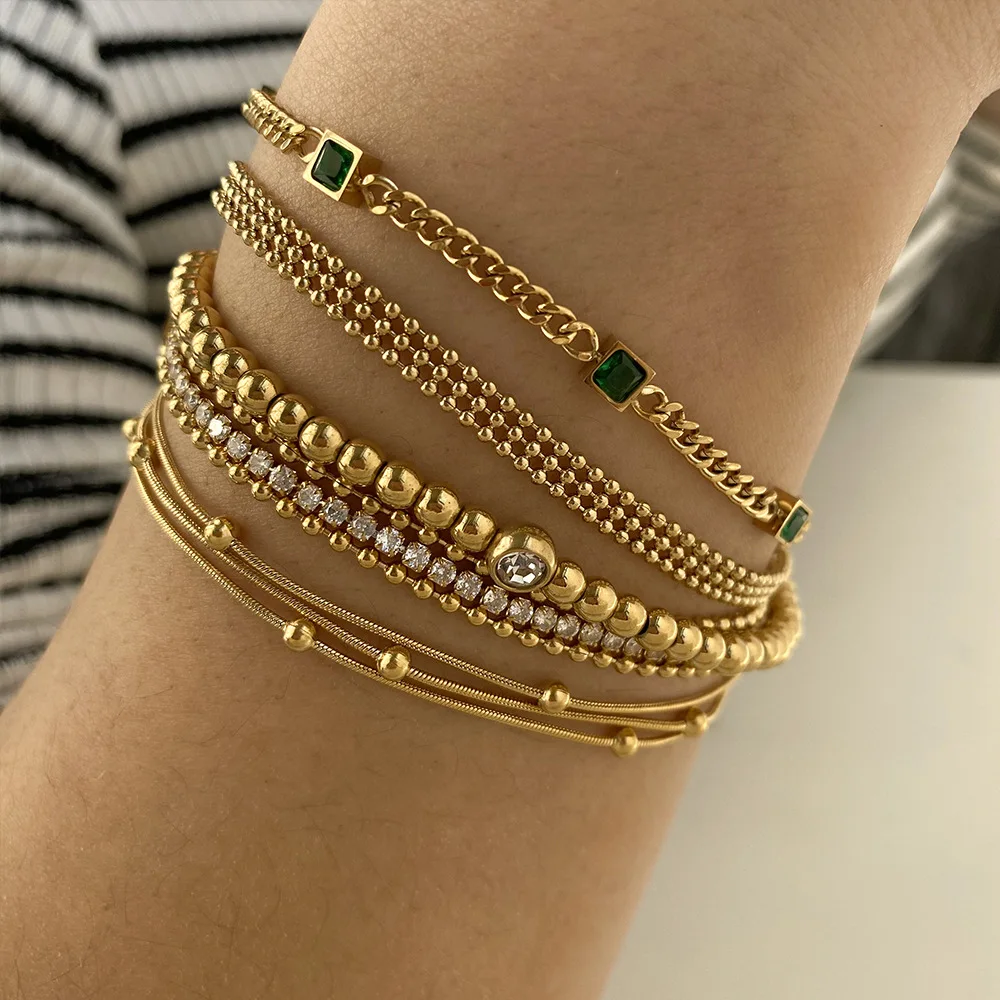 Trendy Fine Jewelry Set Bracelet Stainless 18k Gold Plated Steel Waterproof Bead Chain Statement Stacked Bracelet Set For Women