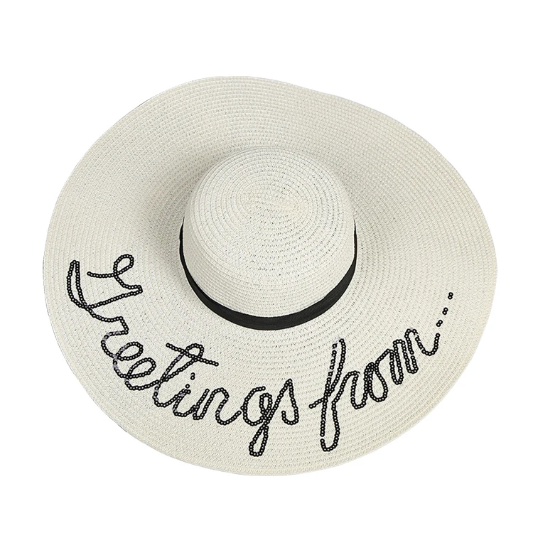 factory pink large brim paper straw beach straw hat with sequins female summer foldable sun hat with uv protection for women