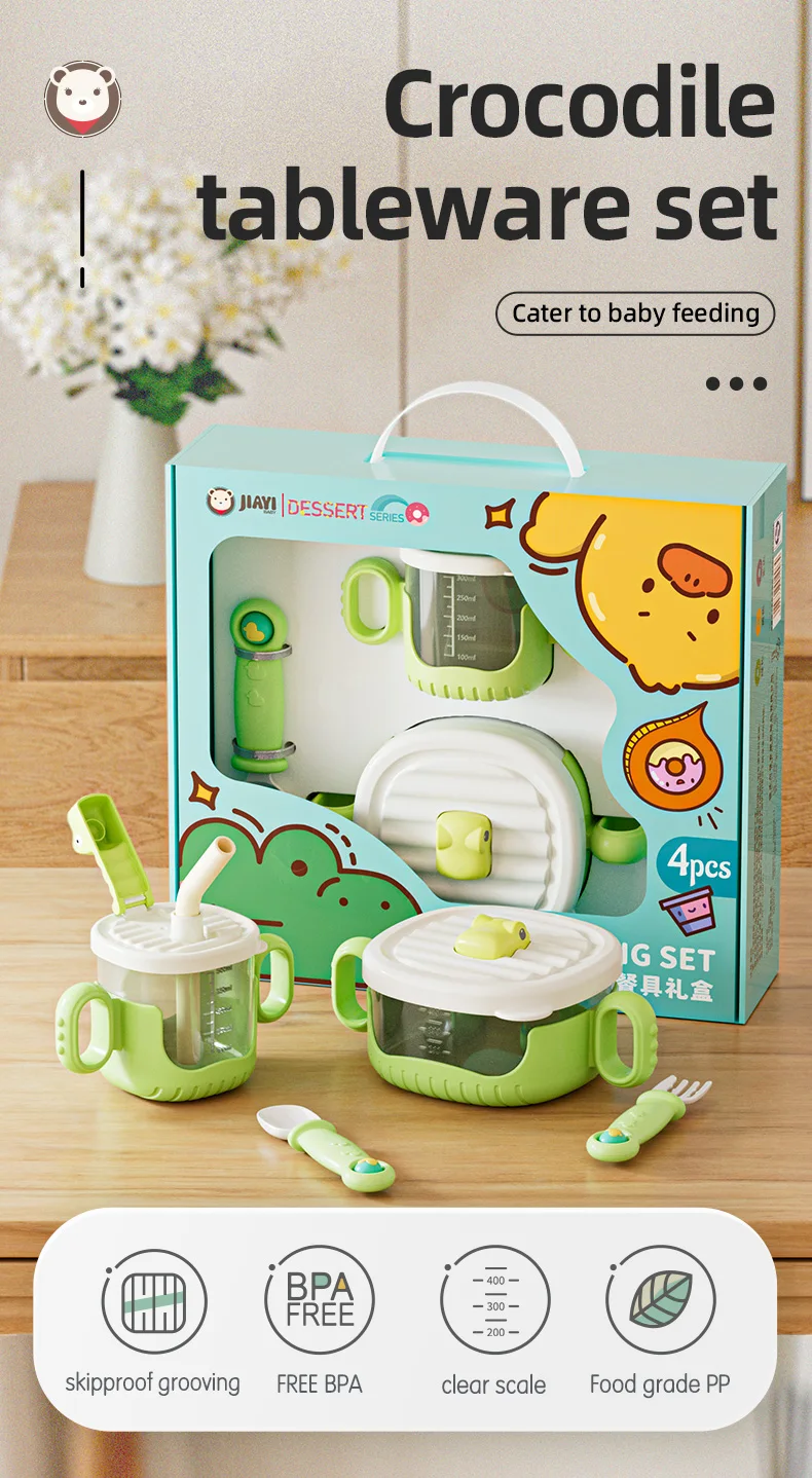 OEM ODM BPA Free Crocodile PP Plastic Snack 4 PC Food Grade Bowl Cup Fork Spoon set Kid Feeding Product Wholesale Curtley Set