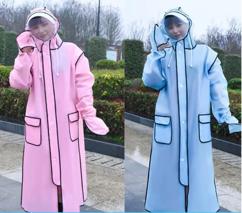 New Fashion EVA Women/ Ladies Waterproof Long Translucent Raincoat Adults Rain Coat With Hat