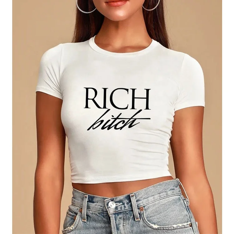 High Quality Round Collar Customized Printed Crop Top   Lady 100% Polyester Women Cropped T-shirt