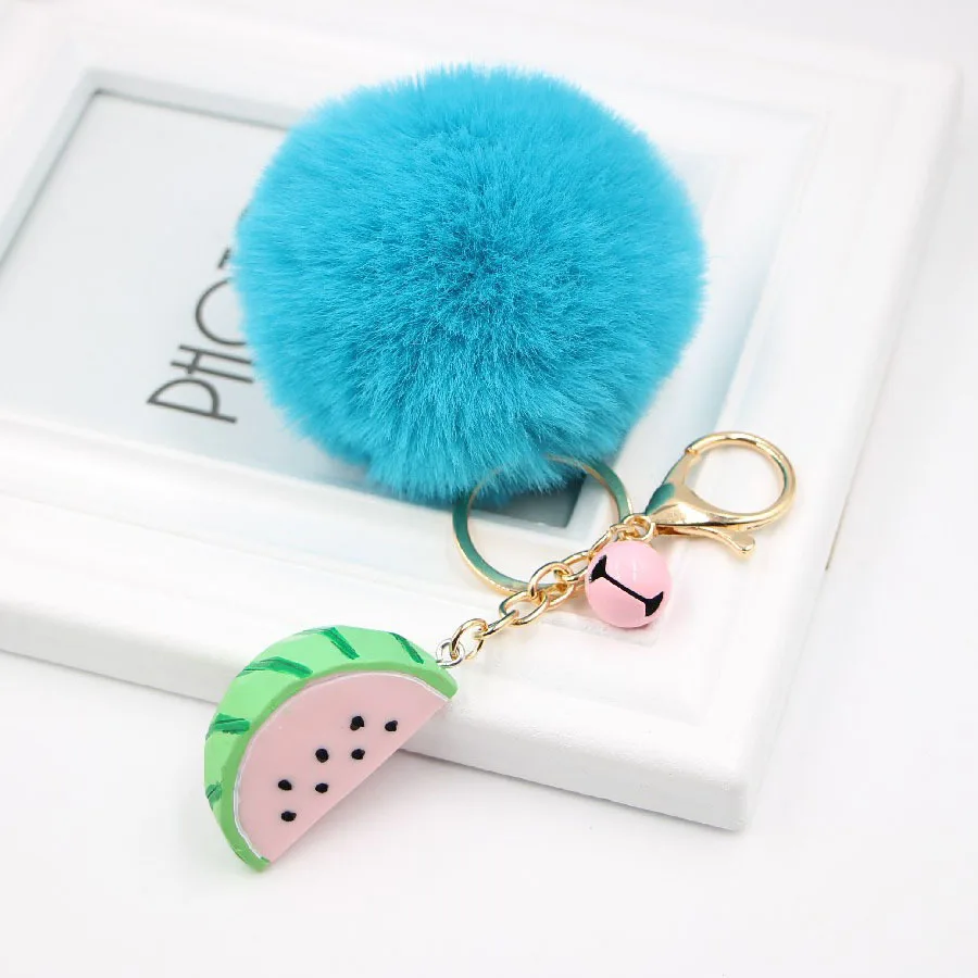 Kawaii pom Pom Key chains Fake Rabbit fur ball key chains pompoms de fourrure fluffy Bag Charm Pendant decor watermelon keychain