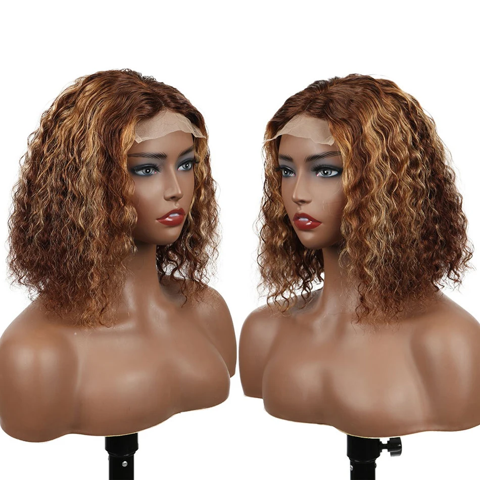 Pre Plucked highlight honey brown color straight bob human hair lace front wigs, 4x4 lace closure indian straight wave bob wig