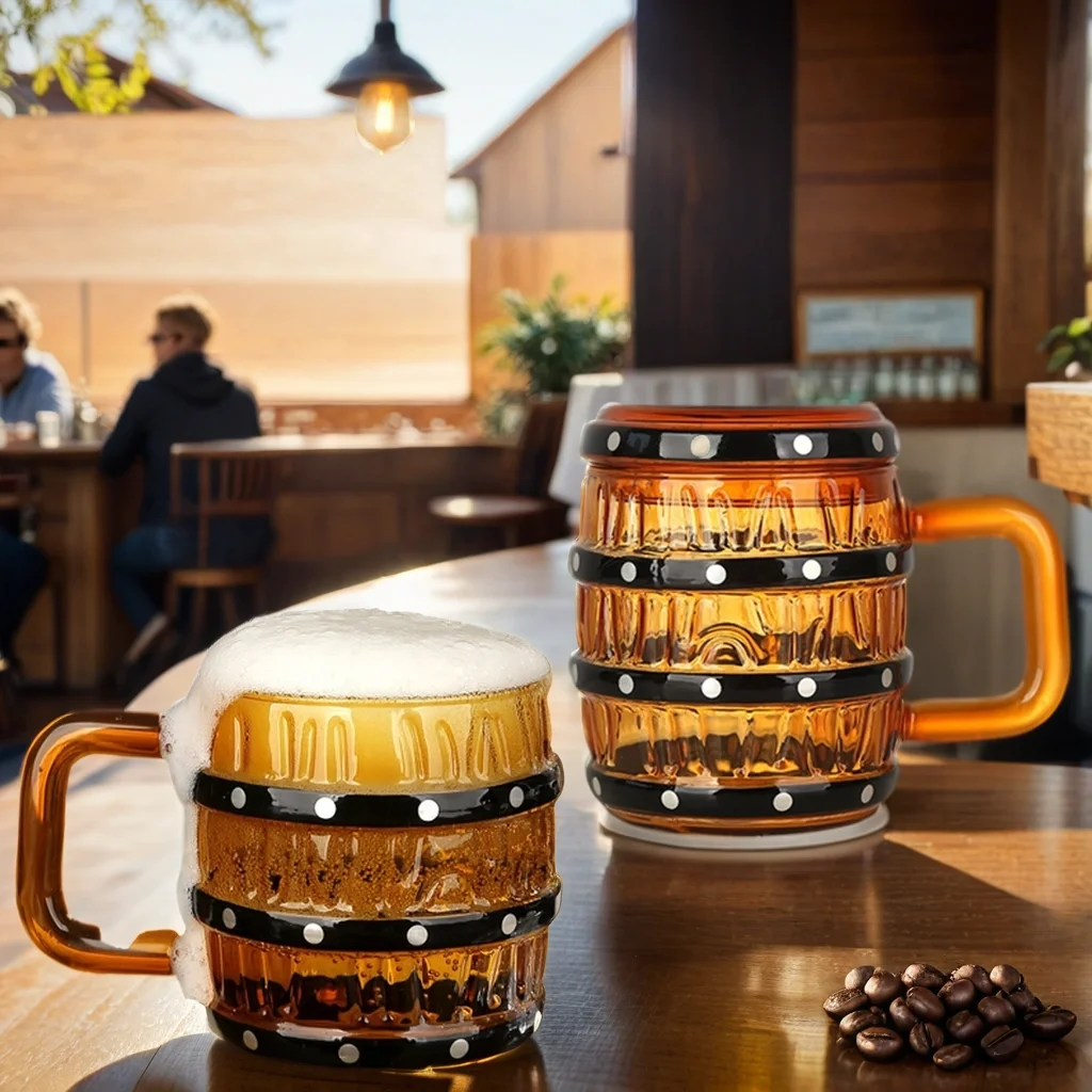 Fashion Hot Selling 470ml Creative Design Wooden Barrel Shape 16oz Milk Beverage Glass Beer Mug Cup With Handle