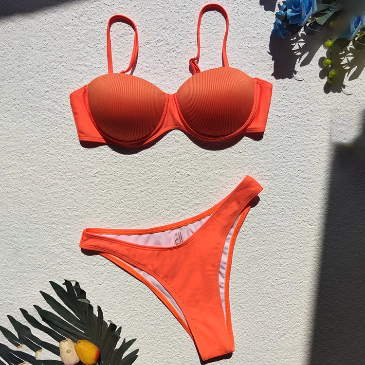 2022 Summer Beachwear Knit Sexy High Waist Orange Bathing Suits Strip Micro Two Piece Mini Bikini Set Swimsuit For Women