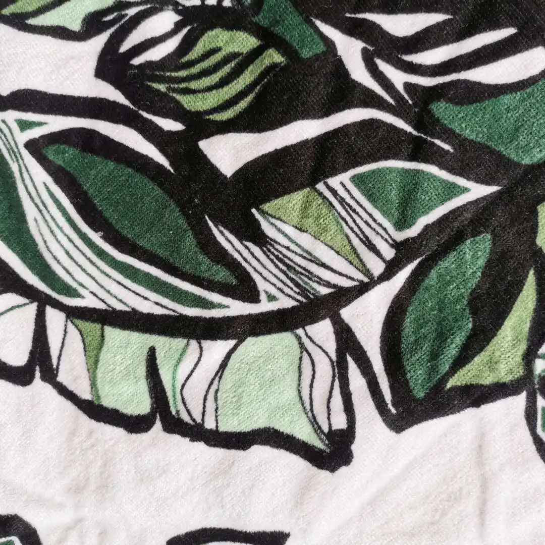 
Green Leaves Design Black Pompom Edges Cotton Print Round Beach Towel 