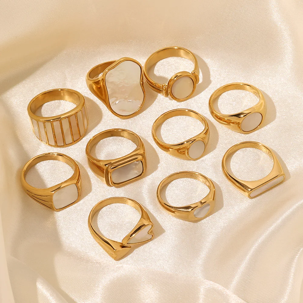 Non Tarnish 18K Gold Plated Black White Shell Finger Rings Women Stainless Steel Chunky Pearls Gemstone Rings bijoux femme