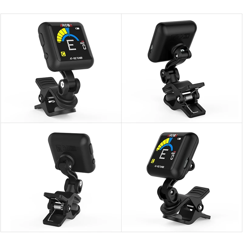 AROMA AT-102 Clip-on Guitar Tuner Rechargeable Color Screen Tuner with Built-in Battery USB Cable