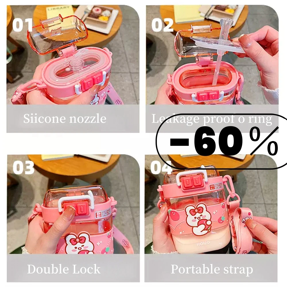 J96 portable strap students plastic water bottle with straw 560ml Cute rabbit cartoon square plastic water bottle for kids