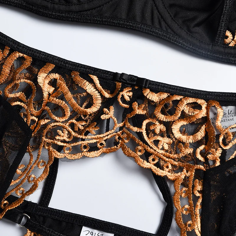 2022 New Arrival Sexy Golden Embroidery Lingerie Garter Black Halter Hot Transparent Erotic Lingerie Set 4 Pieces