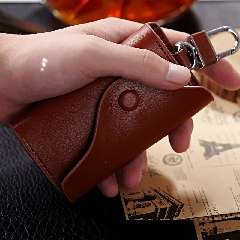 
atinfor Unique Design Buckle Button Vintage Leather Key Wallets Housekeeper Key Holders With Open Pocket Purse 6 Key Hooks 