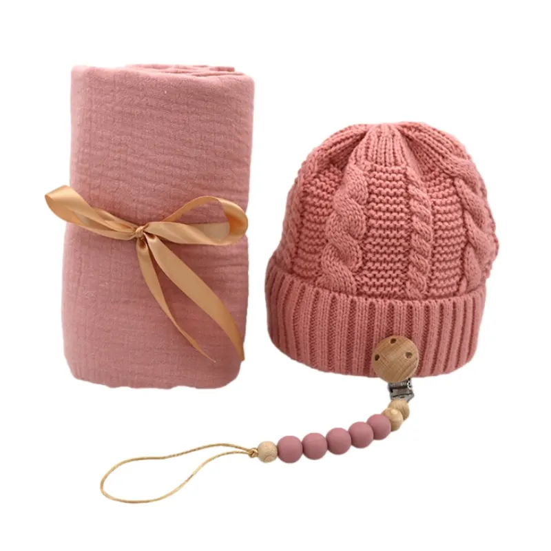 New arrival baby knitting hat Kids Woolen Hat muslin swaddle pacifier chain set new born shower gift