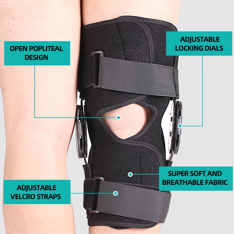 Adjustable hinged knee immobilizer with side stabilizers of locking dials for knee pain