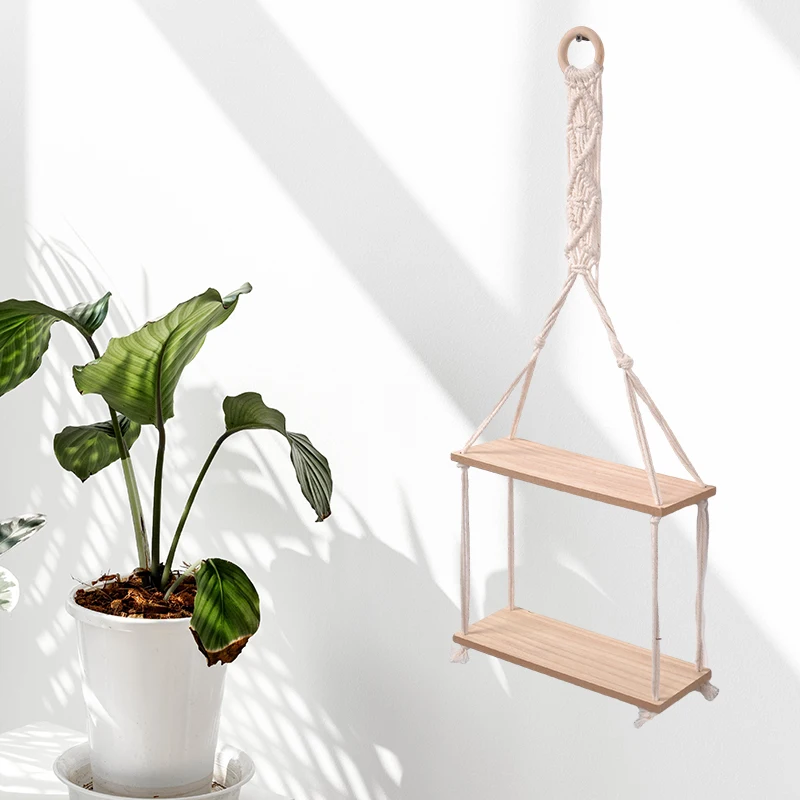 Modern Design Cotton Rope And Wooden Home Decor Wall Shelf Macrame Wall Hanging Shelf