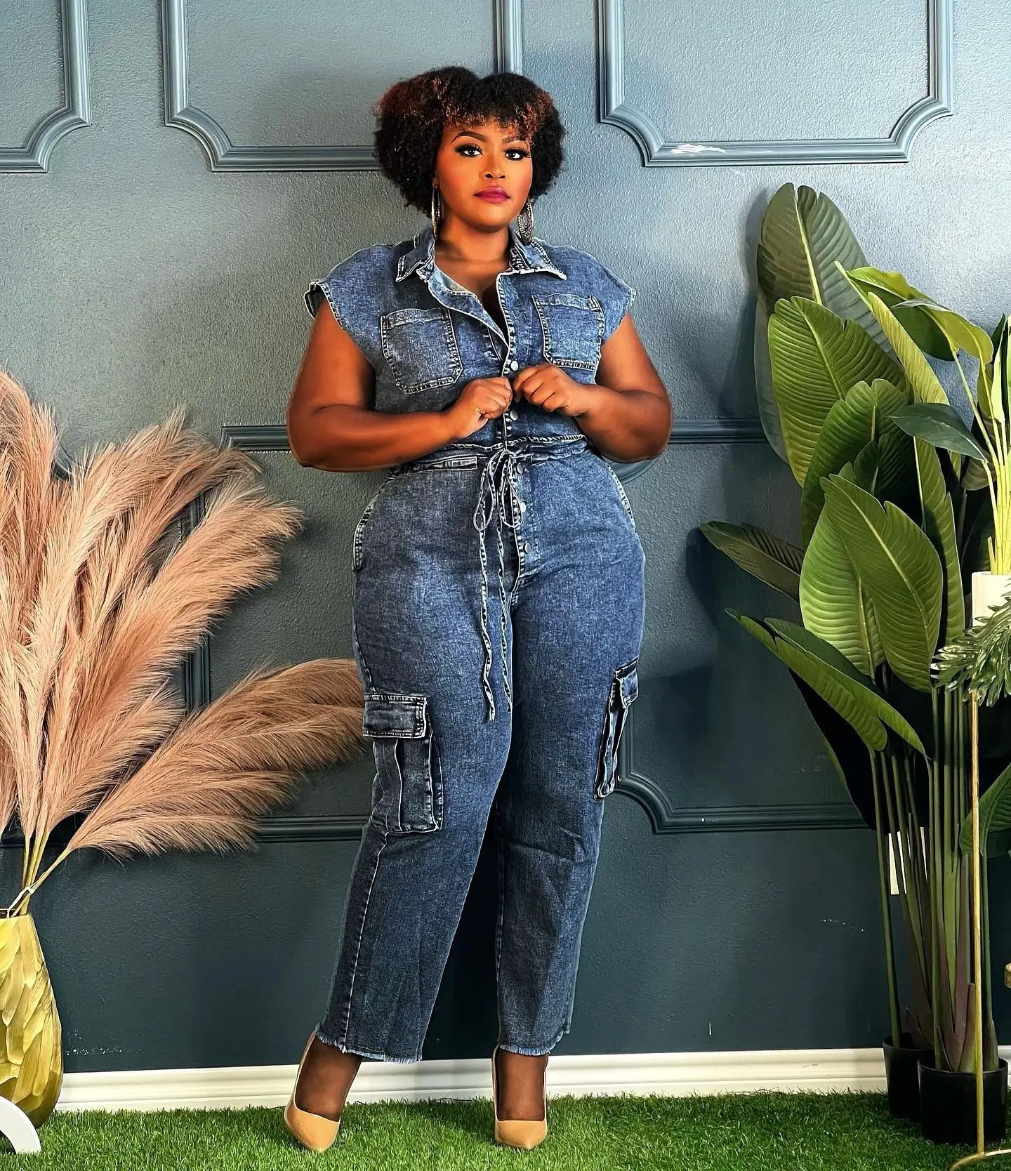 Trend Women Clothes Sexy Fashion Slim Short Sleeve Denim Jumpsuit