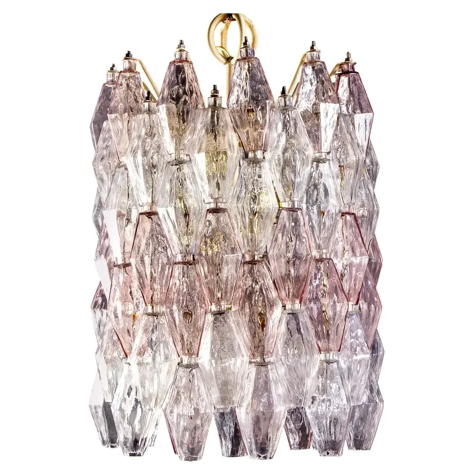 Handmade Glass Light Pink and Ice Colored Murano Glass Poliedri Chandelier For Restaurant Luxury Italy Chandelier Dining Table
