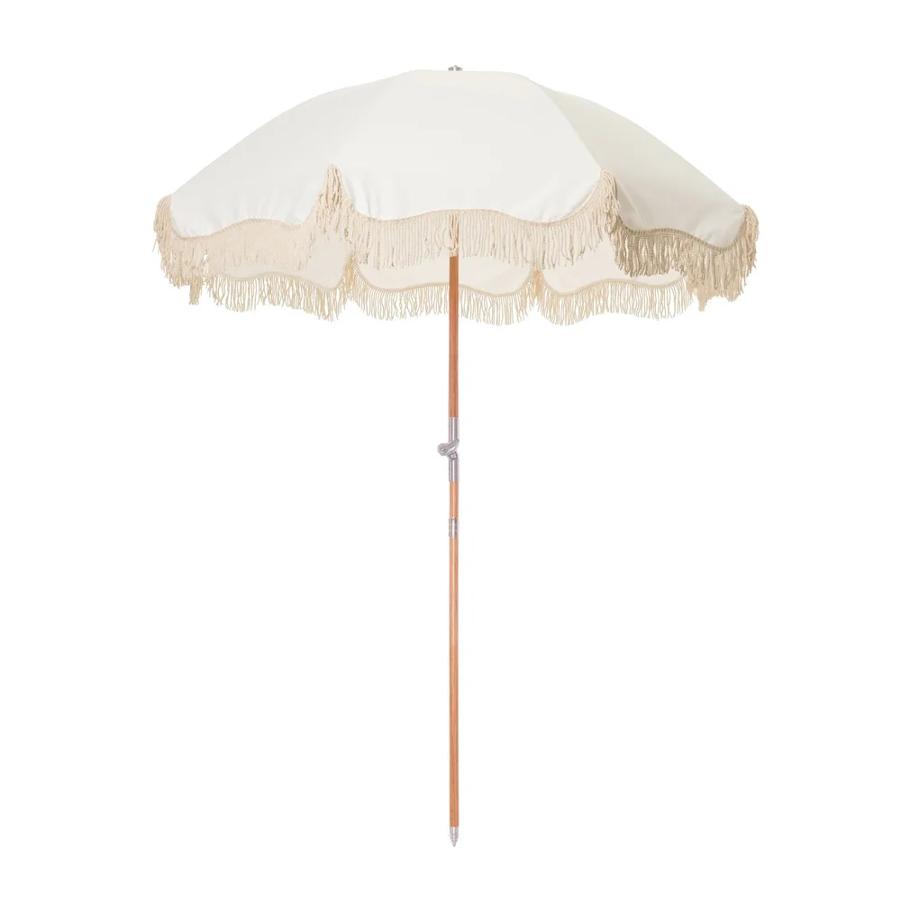 2024 China Fantastic Luxury Beach Shade Set Tassel Wooden Promotional Outdoor Beach Parasol Umbrella Beach Cabana And Chairs