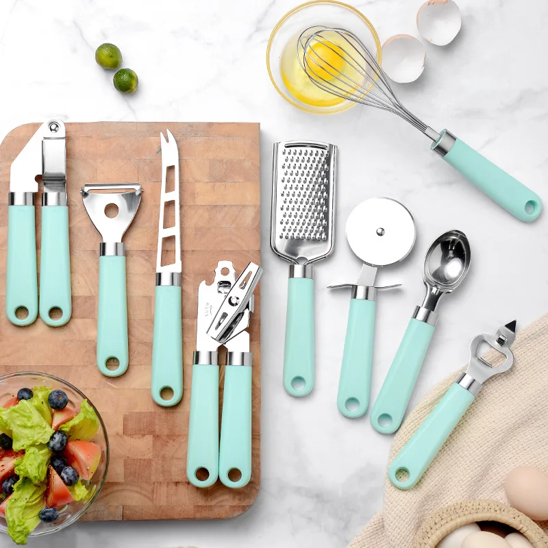 Home Kitchenware Kitchen Accessories Cooking Gadgets Tools Set Plastic Handle 9pcs Stainless Steel Customized Logo with Green