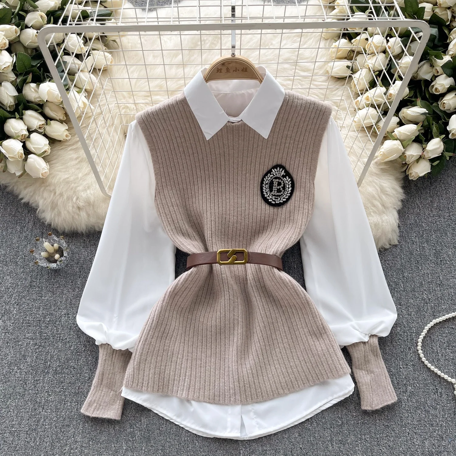 Women Ladies Fall Outfit 2023 Sleeveless Knitted Vest Long Sleeve White Shirt 2 Piece Set