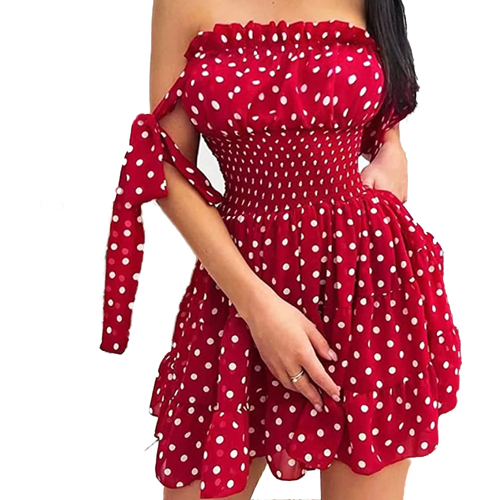 Customized summer polka dot printed chiffon dress Sexy Wrapped Chest Swing Dresses