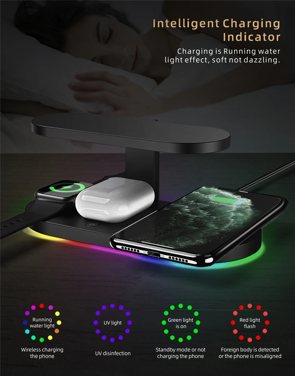 UV light 3 in 1 wireless charger stand fast 15W for Airpod and smart watch Universal qi wireless charger