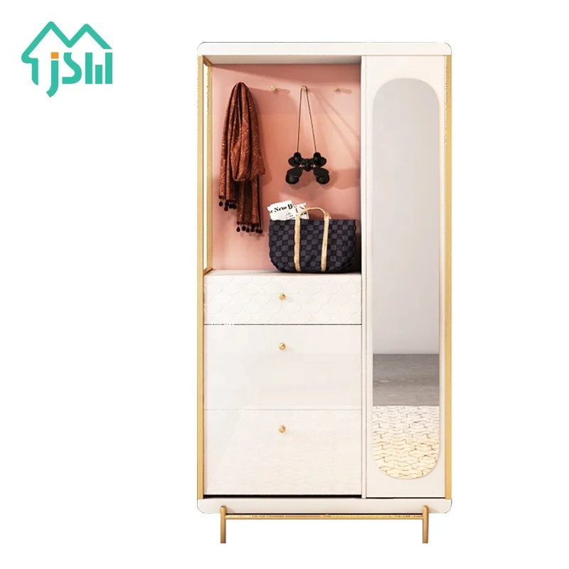 Modern Living Room Stainless Steel Frame Furniture Storage Luxury White Shoe Cabinet With Mirror