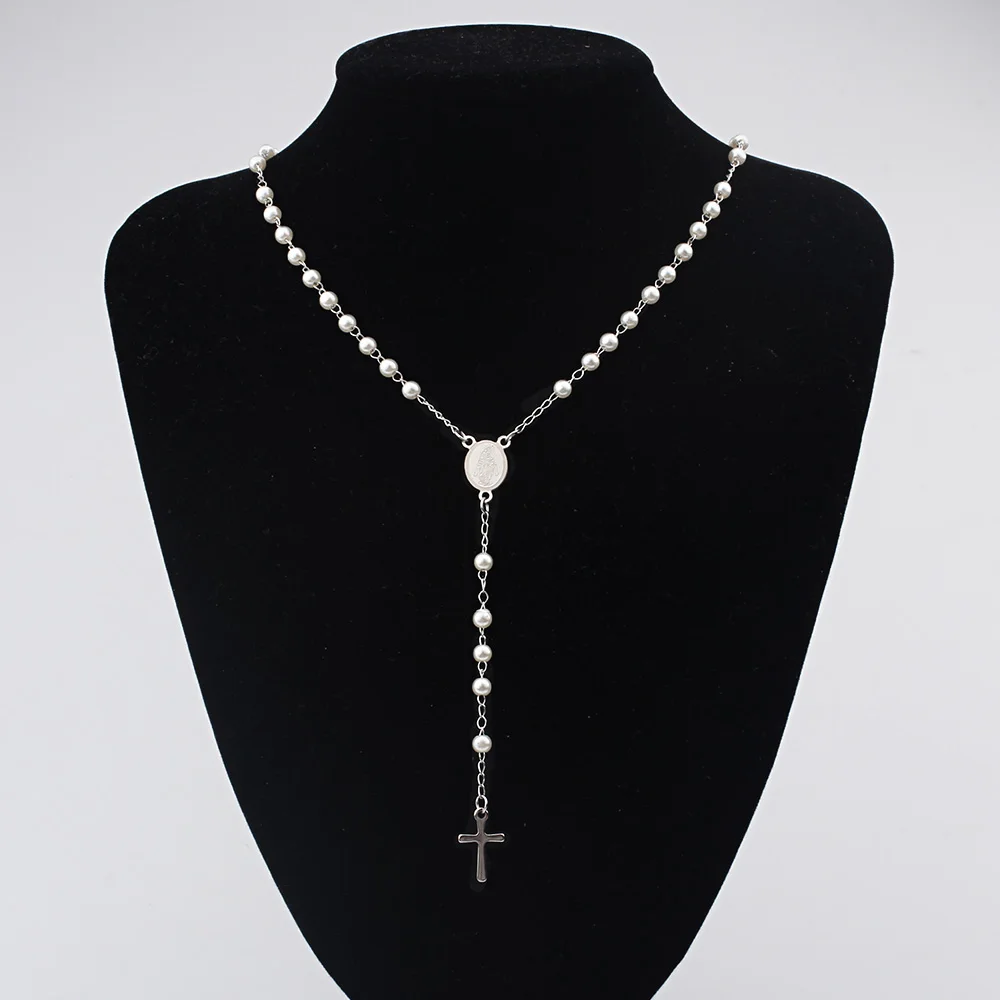 Long Pearl Stainless Steel Virgin Mary Christian Jesus Cross Pendant Divine Mercy Rosary Beads Necklace