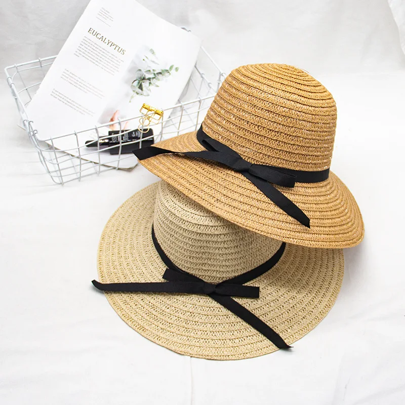 Summer straw hats literary visor Korean version of the folding beach ribbon basin hat female big large brim sun hat wholesale