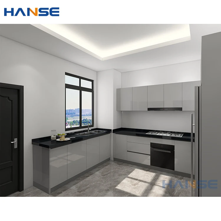 Custom modern complete u shape white high gloss lacquer finish flat pack modular wood kitchen cabinet set design with marble top